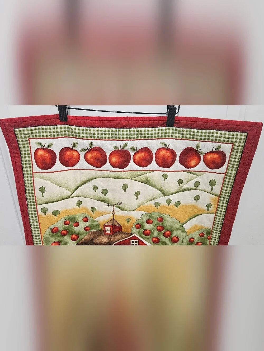 Vintage Quilted Wall Hanging Red Barn Apple Farm Country Cottagecore Tapestry